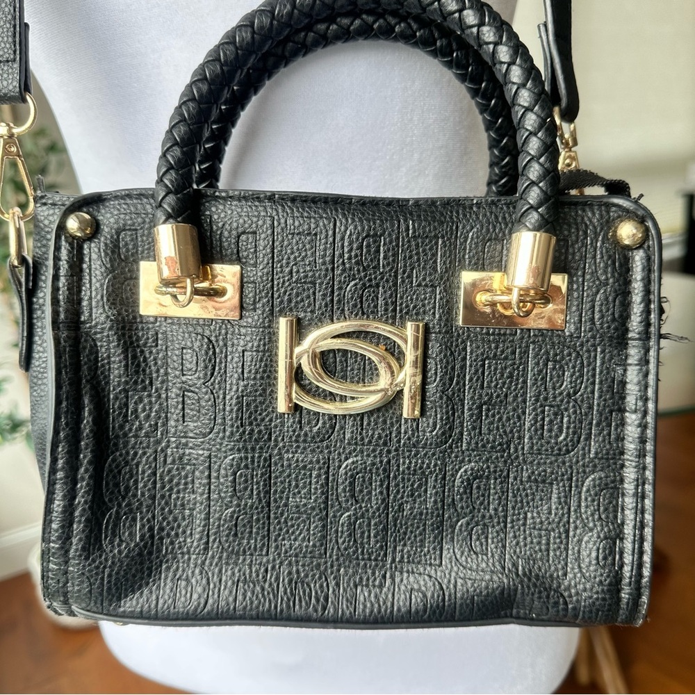 Bebe Black Embossed Logo Mini Satchel Crossbody Bag – Braided Handle